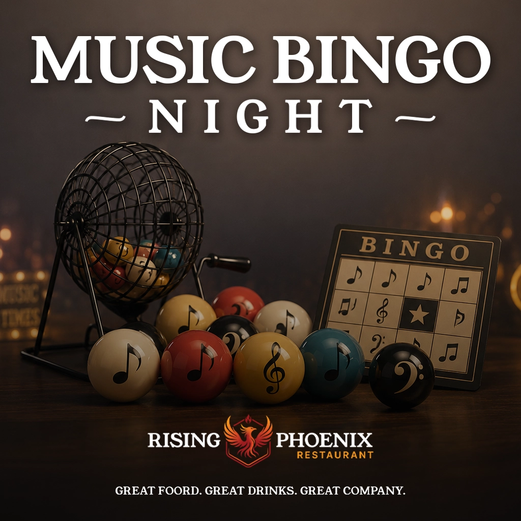 rising phoenix music bingo night graphic